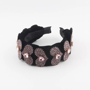 Padded black velvet headband with sparkling pink crystal heart rhinestones for women