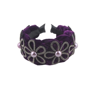 Elegant purple velvet headband with rhinestone flower petals and pearls for high top hair
