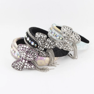 Cerchietto Largo Barocco con Farfalla in Strass e Nappa di Lusso in Tessuto Jacquard Imbottito per Matrimonio Festa Donna