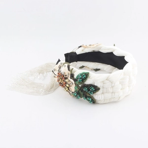 Velvet braided headband with embroidered sunflower, green sequins and bead tassels