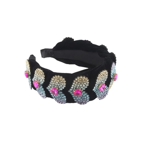 Baroque wide velvet headband with rhinestone heart patterns and pink center gems