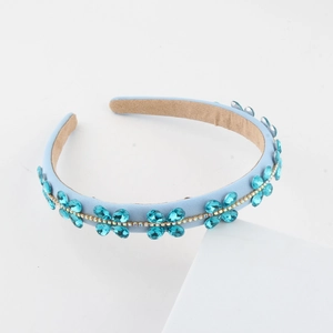 Light blue Baroque sponge headband with sparkling teal crystal flowers and rhinestones
