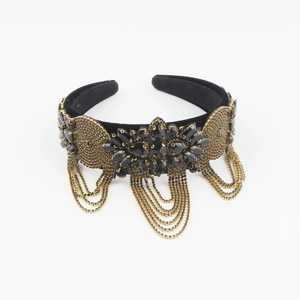 Baroque black velvet headband with resin gems and golden bead chain tassels