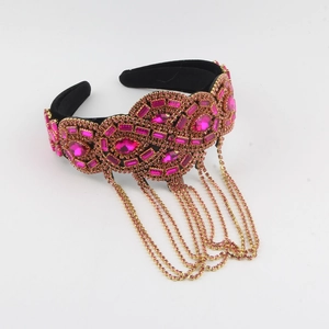 Serre-tête en velours avec strass rose vif et pompons en cristal doré élégants