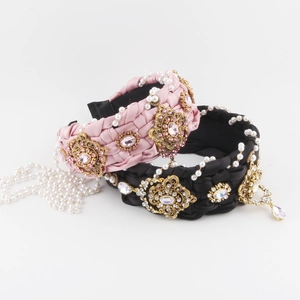 Baroque Braided Wide Headband With Artificial Pearls Rhinestone Alloy Flower Satin Hairband Wedding Party Women Retro Palace Luxury