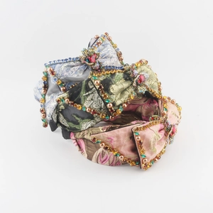 Vintage Baroque Wide Headband Jacquard Fabric Bowknot Hairband Rhinestone Faux Artificial Pearl Inlaid Luxury Hair Accessories For Women