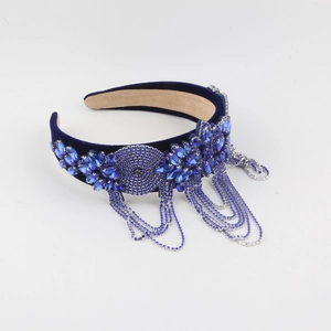 Baroque velvet headband with blue crystals and hanging beaded fringe chains
