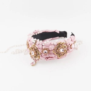 Pink woven satin headband with vintage gold metal pieces and luxury crystals