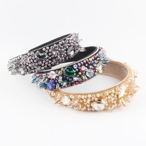 Luxury Baroque Padded Headband For Women Wide Brim Crystal Artificial Pearl Hair Hoop Retro Evening Party Heavy Beadwork Accessory