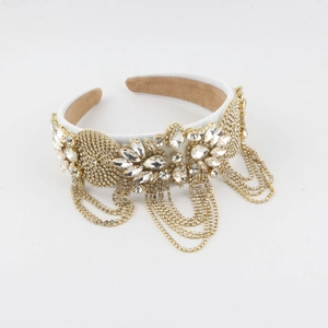 Luxury Baroque white headband with crystals and gold chains for women fashion