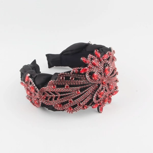 Serre-tête large noir de luxe avec fleurs en cristal rouge et design antidérapant