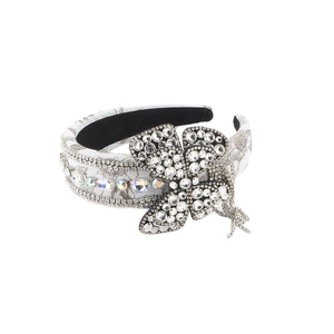 Cerchietto largo in stile barocco con strass di cristallo e ornamento a farfalla