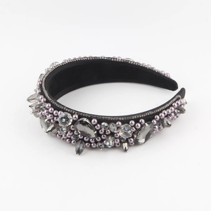 Baroque wide headband with dark grey rhinestones and sparkling crystals on black base