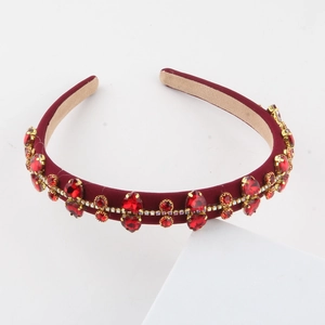 Baroque wide headband in burgundy velvet with sparkling red gemstones and golden accents