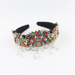 Serre-tête baroque aux cristaux multicolores et pampilles en strass pour mariages de luxe