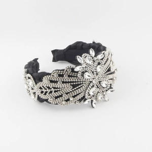 Serre-tête large noir de luxe avec fleurs en cristal et strass au style baroque vintage