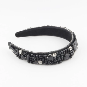Baroque style wide headband with black multifaceted beads and sparkling crystal rhinestones