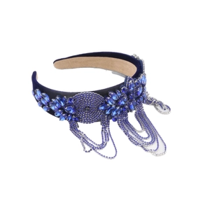 Baroque deep blue velvet headband with sparkling rhinestones and beaded fringe tassels