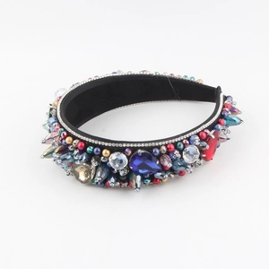 Vintage baroque headband with colorful crystals and pearls on black velvet fabric