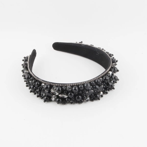 Serre-tête baroque fait main avec perles noires et cristaux sur base en velours noir