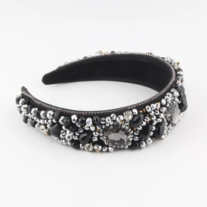 Baroque style wide headband with black crystal beads and silver pearls on white background