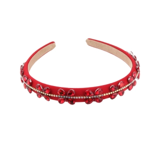 Baroque style red sponge headband with ruby crystal flowers on white background