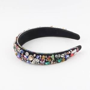 Baroque padded headband with colorful rhinestones on black velvet for women's party wear