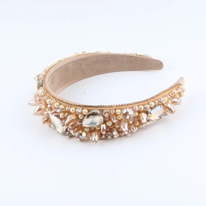 Baroque style champagne satin headband with luxury crystals and pearls for women