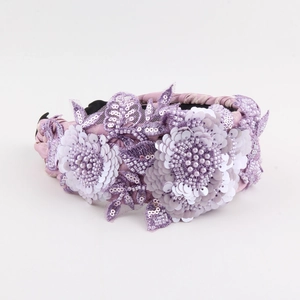 Exquisites lila besticktes Haarband mit 3D-Blumen, Pailletten und Perlenverzierung