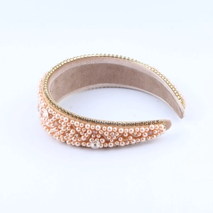 Baroque padded headband with pearls and rhinestones on elegant pink satin fabric