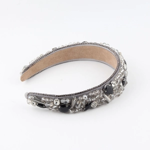 Baroque luxury grey velvet headband with crystals and black gems for elegant parties