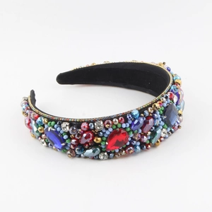 Baroque velvet headband with colorful crystal beads and vintage geometric jewelry patterns