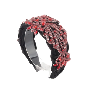 Serre-tête large en satin noir de luxe avec fleurs en strass rouges sur support