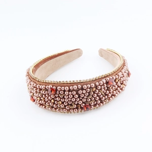 Luxury Baroque wide sponge headband with bronze beads and faceted red gemstones