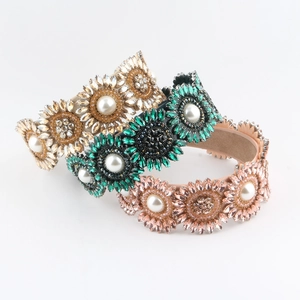 Serre-tête Baroque Vintage Tournesol Strass Avec Künstliche Perles Artificielles Luxe Rembourré Bandeau Large Cheveux Femme Mariage Bijoux