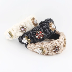 Serre-tête Tressé à Paillettes Baroque Vintage Luxe Strass Fausse Künstliche Perle Fleur Abeille Bandeau Large Rembourré Mariage Accessoires Cheveux