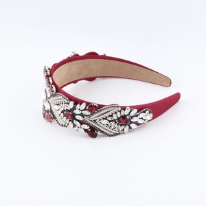 Baroque style wide headband with wine red base and sparkling red and white rhinestones