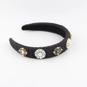 Baroque style wide black satin headband with colorful rhinestones and white pearls