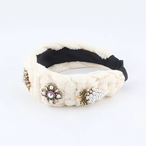 Serre-tête tressé luxe ivoire avec paillettes et fleurs en perles et cristaux