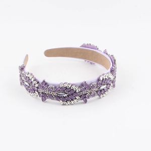Luxury Baroque purple fabric headband with sparkling rhinestones and floral gem patterns