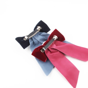 Elegant velvet bow hair clip set with long ribbons in navy blue and wine red colors