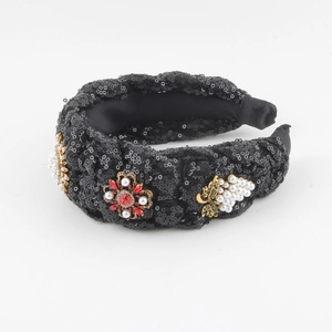 Serre-tête large vintage avec paillettes noires, perles et fleurs de luxe en strass