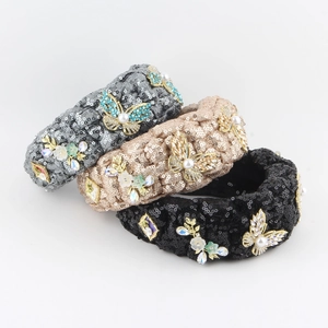 Luxury Sequin Fabric Knotted Headband With Rhinestone Butterfly Flower Faux Artificial Pearl Decorative High Top Hair Band For Women