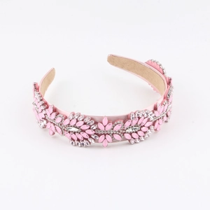 Elegant Baroque pink fabric headband with sparkling rhinestones and crystal flower pattern