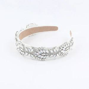 Vintage baroque white fabric headband with sparkling crystal floral embroidery