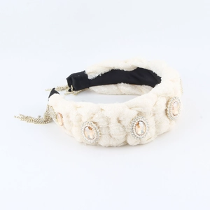 Baroque wide headband in cream lace with amber gemstones and golden chain tassels