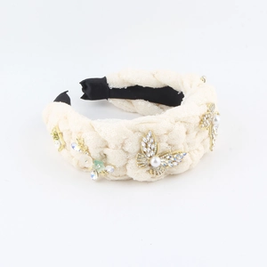Elegant denim knot headband with pearls, rhinestone butterflies and colorful flowers