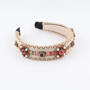 Bohemian beige braided headband with red crystals, pearls and vintage gold medallions