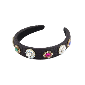Retro wide black padded headband with colorful crystals and white pearls decoration