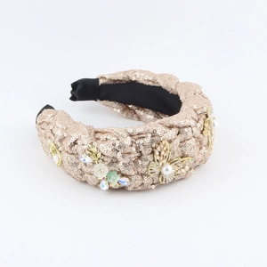 Champagne gold luxury headband with faux pearls, crystal butterflies and floral accents